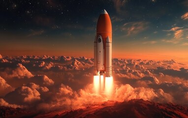 Spaceship in orbit around Mars depicted in a 3D cartoon rendering with a space shuttle and clouds in the sky showcasing the exploration of the Red Planet