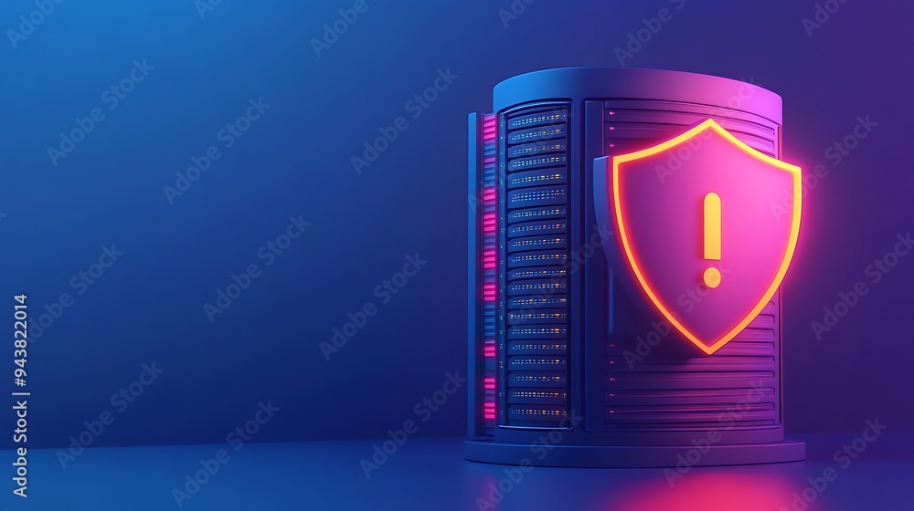 Poster 3d illustration of a server with a glowing warning shield symbol, representing network security issu