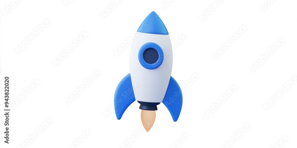 Poster Startup Rocket Launch icon in 3D cartoon rendering This glyph style design features a flat iconic symbol with rounded angles in cobalt color against a white background