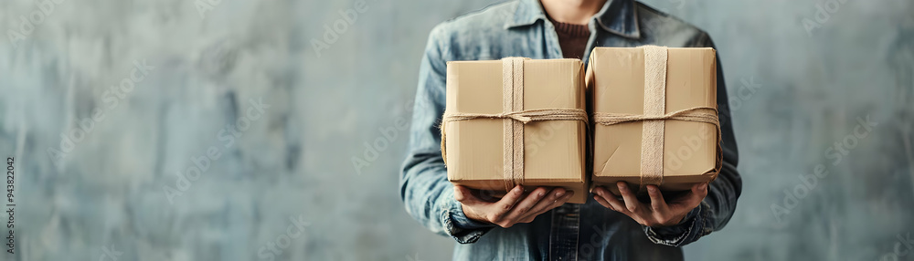 Poster person with packages and efficient delivery service concept as a person handling packages symbolizin