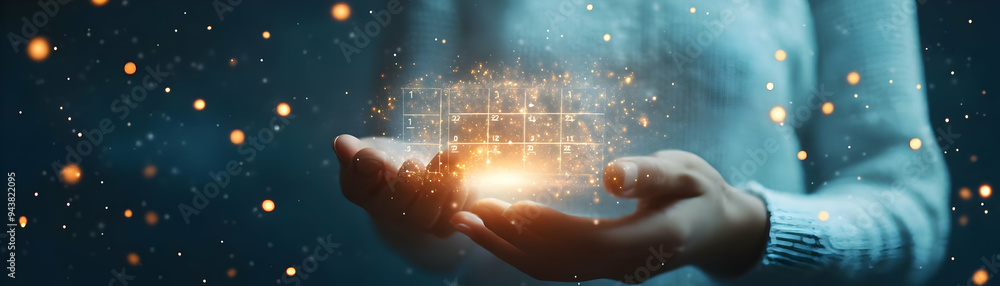 Poster person with magic calendar and floating dates concept as a person holding a magic calendar with floa