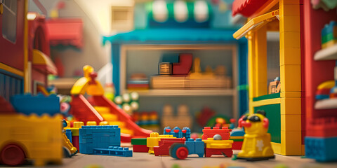 Photo of colorful kids toys on wooden table with blur background