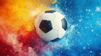 Fototapeta premium A soccer ball is surrounded by colorful smoke and dust, motion and energy