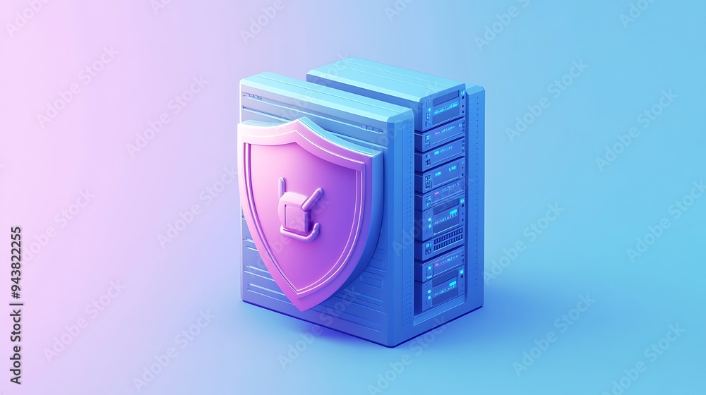 Poster 3d illustration of a server with a shield icon, representing data security and protection in a digit