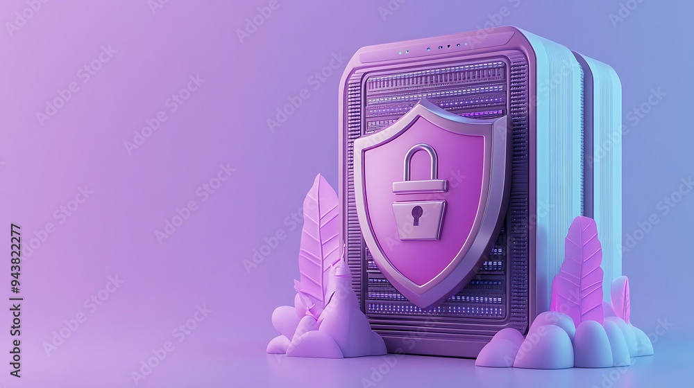 Poster 3d illustration of a server with a shield lock, representing data security and protection in vibrant