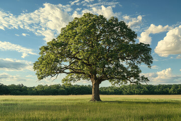 Obraz premium A solitary oak tree stands majestically in a sunlit field, showcasing nature's beauty against a vibrant sky filled with clouds.