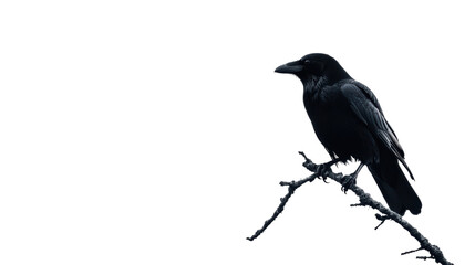 Obraz premium Majestic Silhouette of Raven Perched on Branch Against White Background