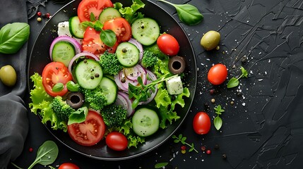 A dark plate filled with a Mediterranean mix of cucumbers, olives, feta cheese, and tomatoes, drizzled with olive oil and sprinkled with oregano, photographed from above on a dark wooden table,