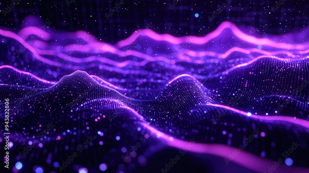 Poster abstract ultraviolet landscape on a dark background in a 3d cartoon rendering violet starry outer sp