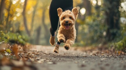 A dog is running through the woods, with its tongue out and a smile on its face