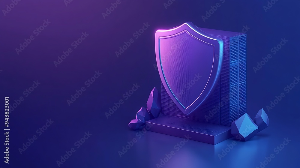Poster 3d illustration of a shield symbolizing cybersecurity and data protection on a server, set against a