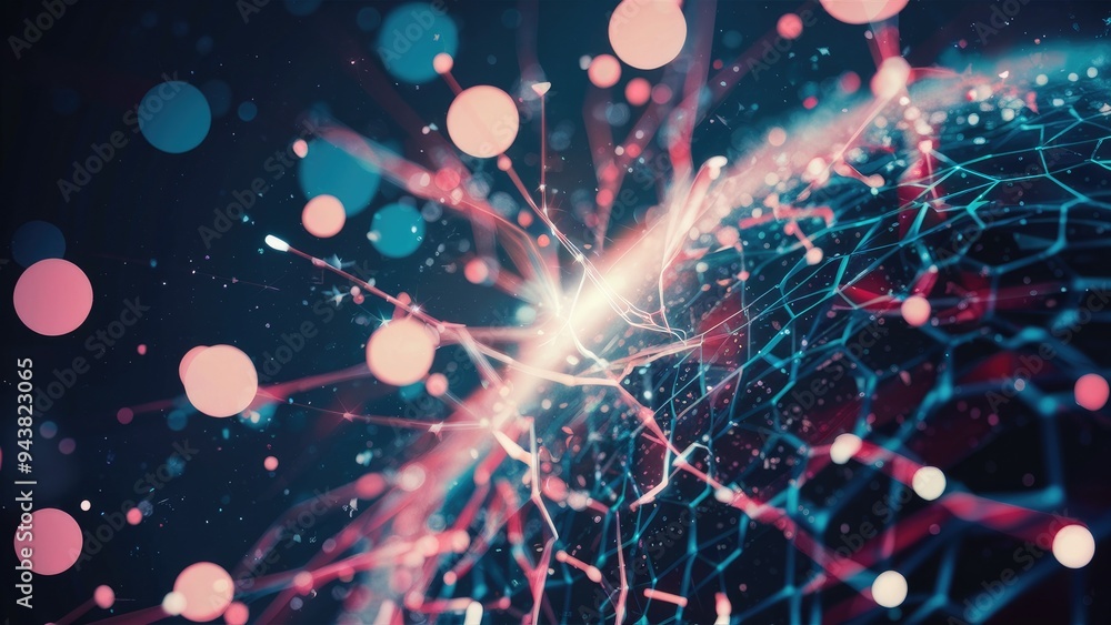 Poster close-up of abstract digital background with light particles and bokeh effect, selective focus.
