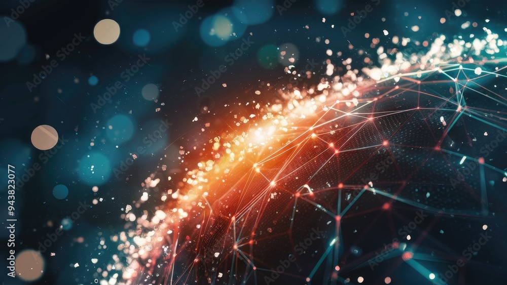 Poster close-up of abstract digital background with light particles and bokeh effect, selective focus.