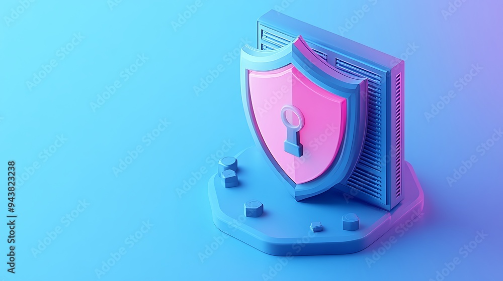 Poster 3d illustration of cyber security concept with shield and lock protecting a server on a blue and pin