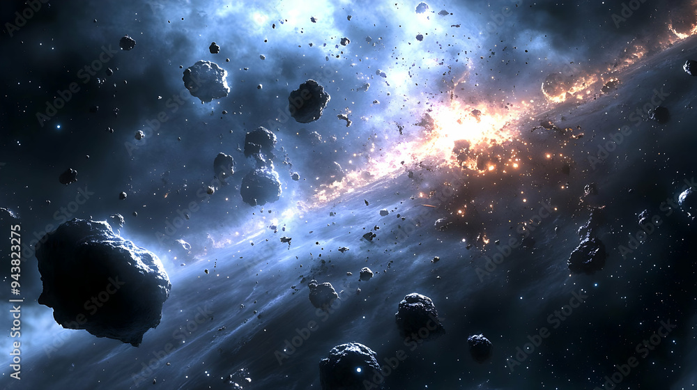 Poster asteroids and a bright light are visible in a deep space.