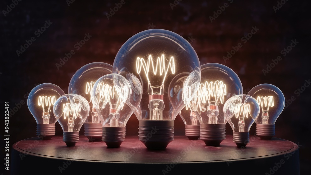 Poster collection of illuminated bulbs arranged on a table - 3d rendering.