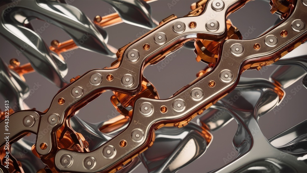 Poster close-up of individual bicycle chain links and pins on a gray background, highlighting their intrica