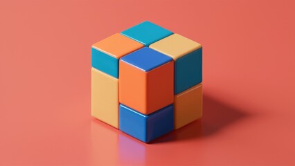 Obraz premium Colorful 3D Animation of Rotating Cube with Geometric Shapes on White Background.
