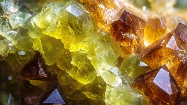 Close-up of sphene crystal, showcasing its rich yellow tones and intricate geometric facets.
