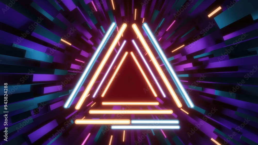 Poster colorful abstract neon triangle in a 3d render. digitally created illustration.