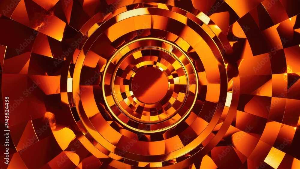 Poster colorful geometric design featuring circles and squares in rich amber and orange hues, creating an e