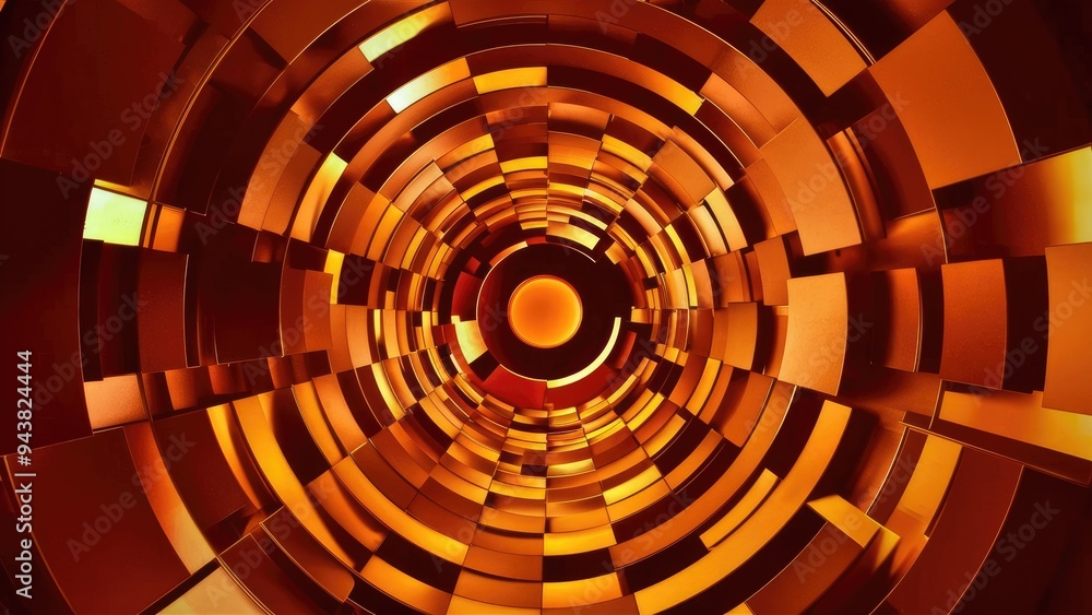 Poster colorful geometric design featuring circles and squares in rich amber and orange hues, creating an e