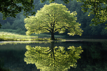 Fototapeta premium A tranquil morning scene showcasing a grand tree reflected perfectly in a serene lake, surrounded by lush greenery and calmness.