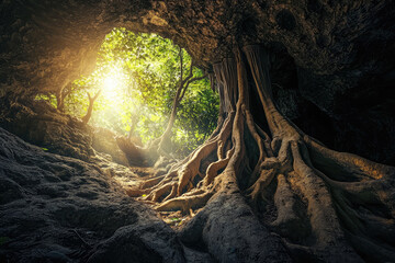 Obraz premium Roots Embrace: Nature's Power as Trees Reach into the Heart of a Cave Illuminated by Ethereal Sunlight