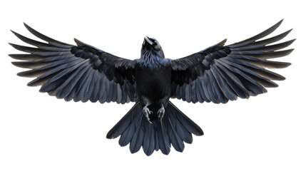 Obraz premium Majestic Raven in Flight: Elegant Bird with Outstretched Wings on White Background