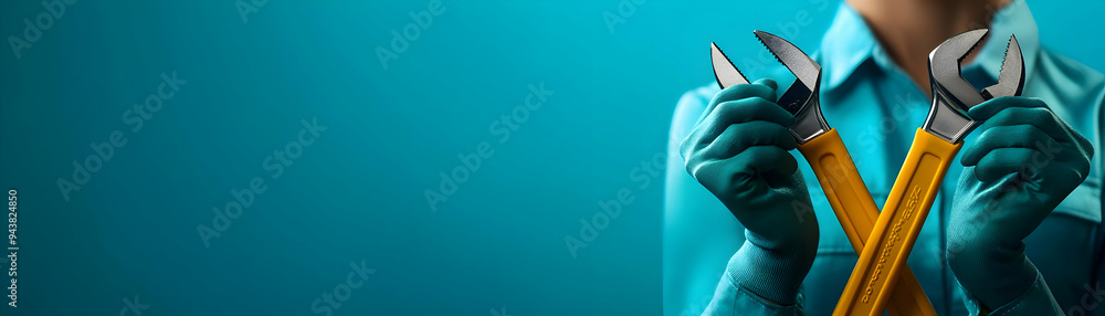 Poster person with magic tools and floating wrenches concept as a person holding magic tools with floating 
