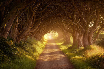 Obraz premium Journey Through Enchantment: A Winding Path Illuminated by Nature's Embrace in a Magical Tree-Covered Tunnel