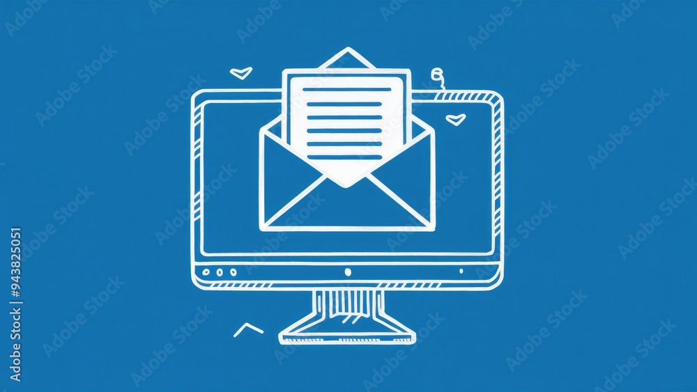 Poster continuous line drawing of a computer monitor with an envelope; email notification and social media 