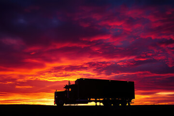 Fototapeta premium A striking truck silhouette against a breathtaking sunset, merging industry with nature's vivid palette of colors and emotions.