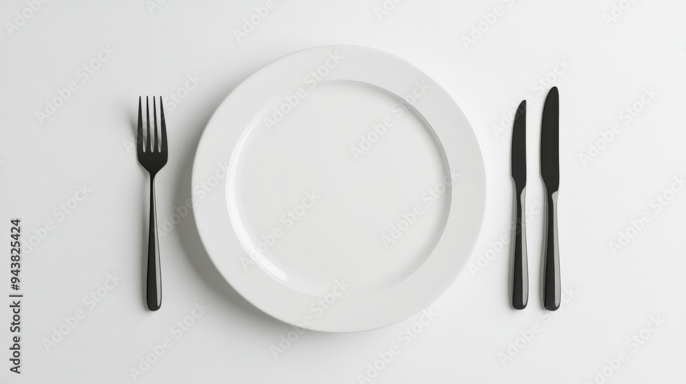 Poster a 3d simple style icon of a white ceramic plate with a fork and knife neatly placed on either side i