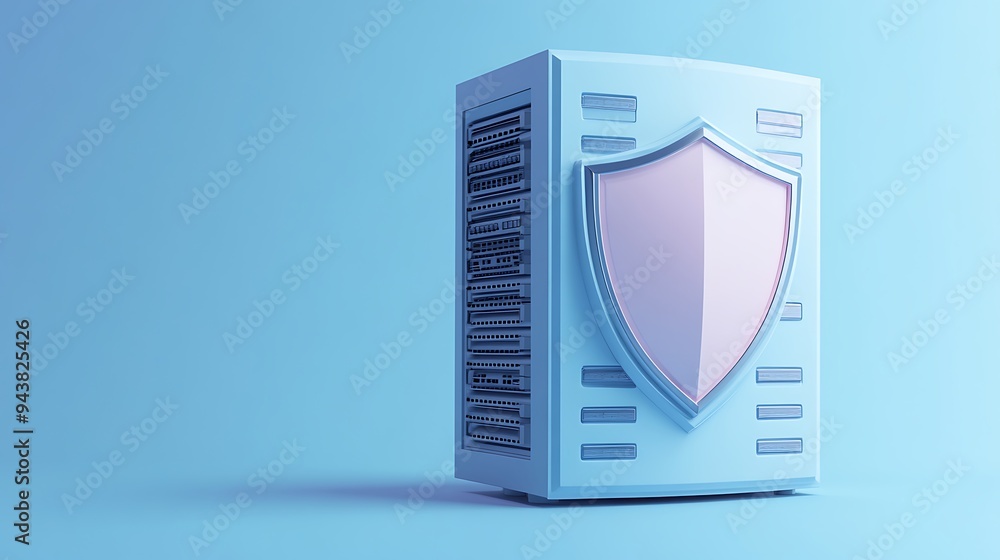Poster 3d rendering of a computer server with a shield on a blue background, representing cybersecurity and