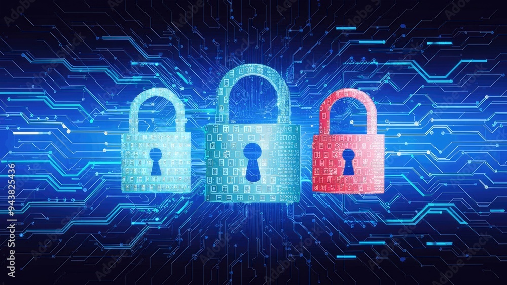 Poster cybersecurity and personal data protection concept. digital padlocks on abstract tech background. mo