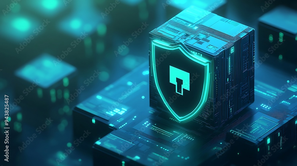 Poster 3d rendering of a cyber security shield symbol on a digital cube, representing technology protection