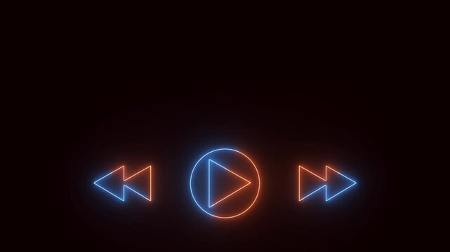 Neon line music sign animation on the black background. Music timeline or video track player icon. Neon Glowing Video Stop, Go Back and Forward Icon Animation In Black Background.
