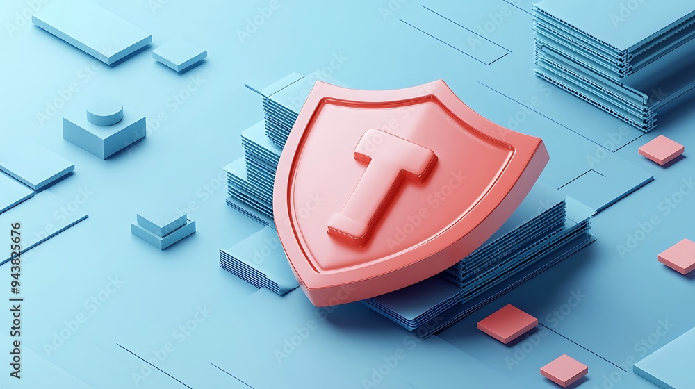 Poster 3d rendering of a red shield with a t insignia on a blue geometric background, symbolizing protectio