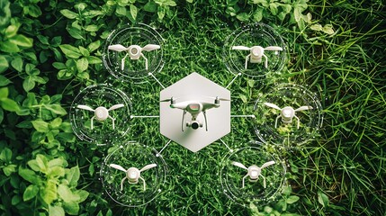 Naklejka premium Aerial drone surrounded by smaller drones on lush green grass.