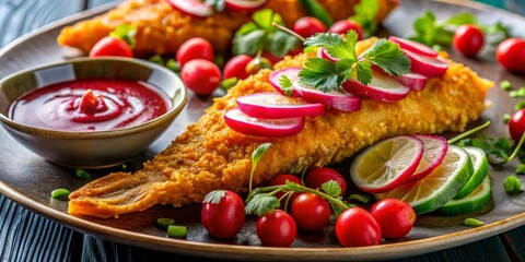 vibrant pop art colors bold typography crispy fried fish macro shot crimson chili sauce dollop bright red radish slice playful composition