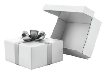 PNG Open white gift box with gray ribbon and bow