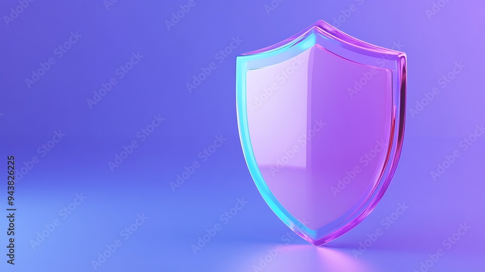 Poster 3d rendering of futuristic shield in pink and blue on gradient background, representing security and