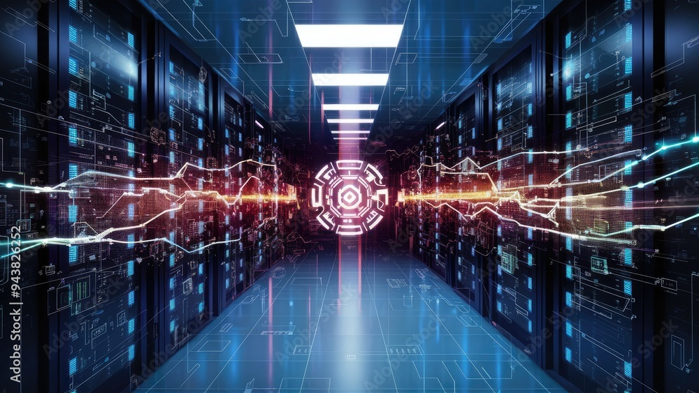 Aufkleber digital representation of data processing with illuminated nodes in a server room on a dark backgrou
