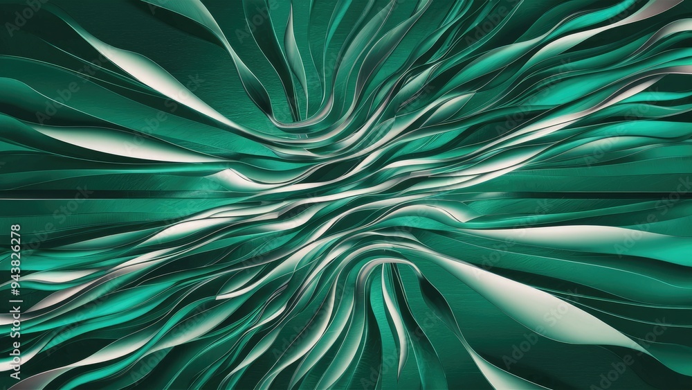 Poster digital illustration of wave streams in an abstract green background. 3d rendering.