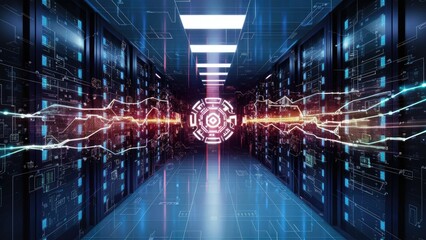 Digital representation of data processing with illuminated nodes in a server room on a dark background. Concept of technology, computing, connectivity, and digital interfaces.