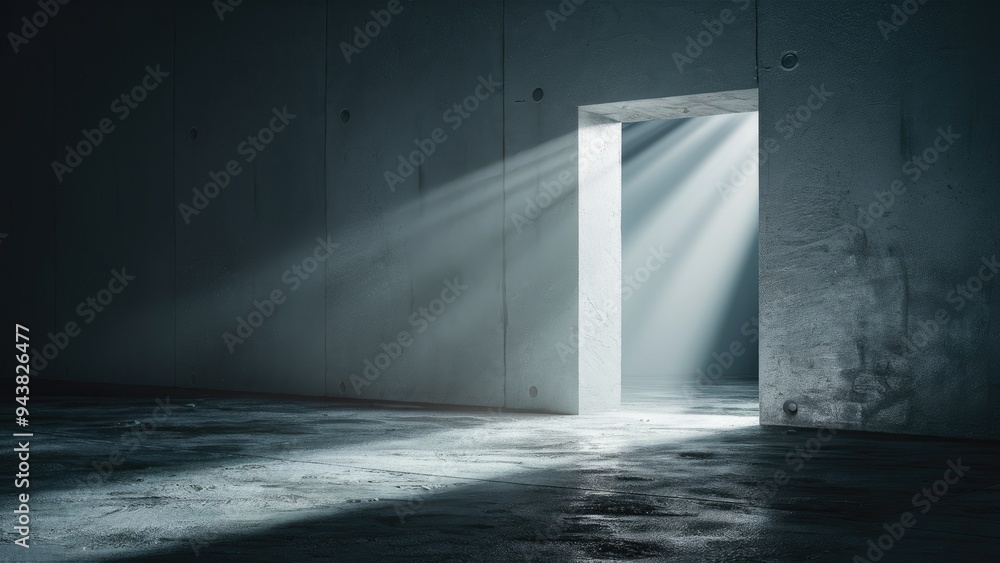 Poster dimly lit room with a cool dark background; light beams from an opening illuminate the concrete floo
