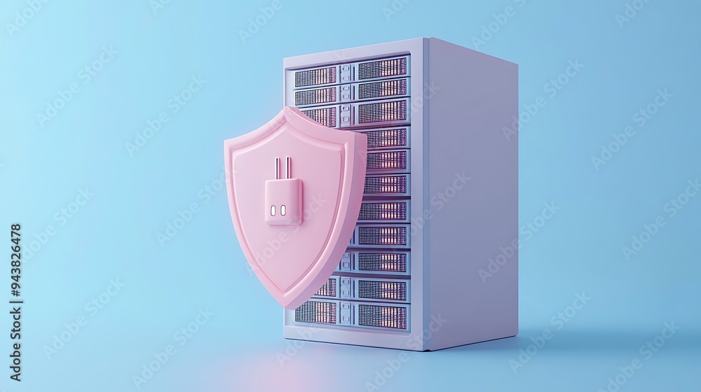 Poster 3d server unit with a protective shield icon showcasing secure data storage and cybersecurity, isola
