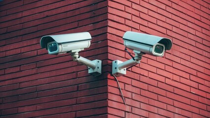  "Dual CCTV security cameras on a red brick wall, showcasing modern urban surveillance and public safety at dusk."