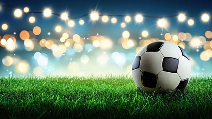 Fototapeta premium Soccer ball on grass with festive lights
